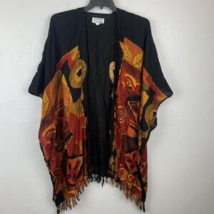Southwest Indian Foundation Kimono Womens 1X Black Floral Fringe Southwestern